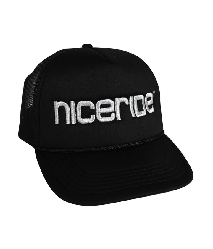 Black Foam Trucker Hat featuring NICERIDE logo, classic design for casual wear.