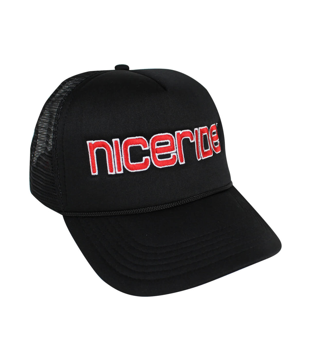 Bold Tower black foam trucker hat featuring NICERIDE logo, stylish baseball cap for casual wear.