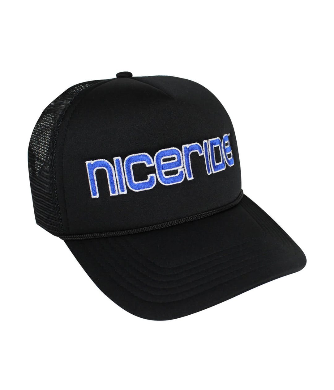 Bold Tower Black Foam Trucker Hat with NICERIDE logo, designed for style and comfort, perfect hat for casual wear.