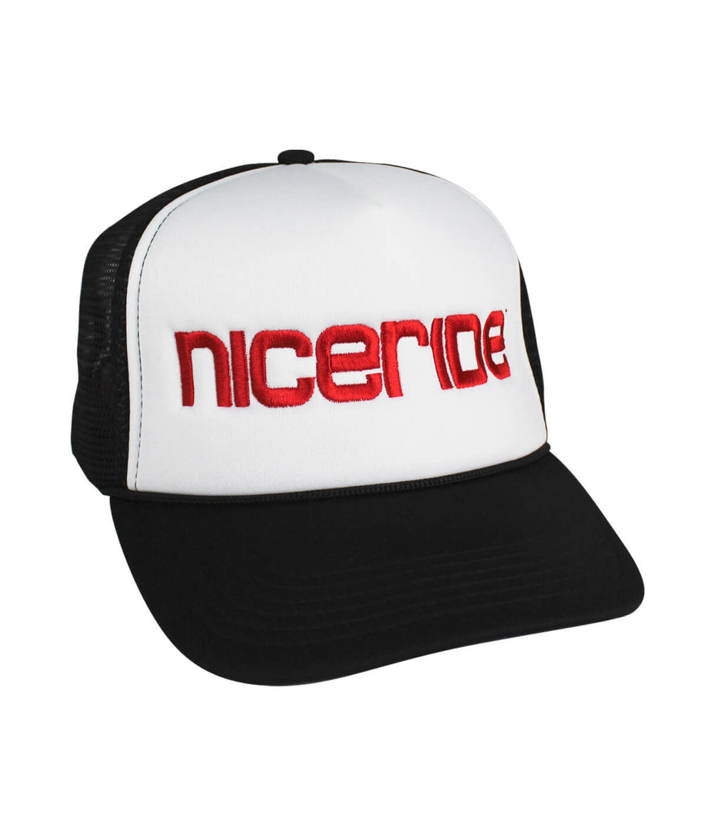 Bold Tower Foam Trucker Hat with nicely embroidered niceride logo on front, a stylish hat for outdoor activities.