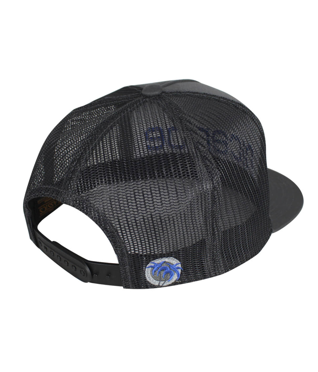 Back view of the Bold Tower Charcoal Trucker Hat showcasing the mesh design and palm logo.