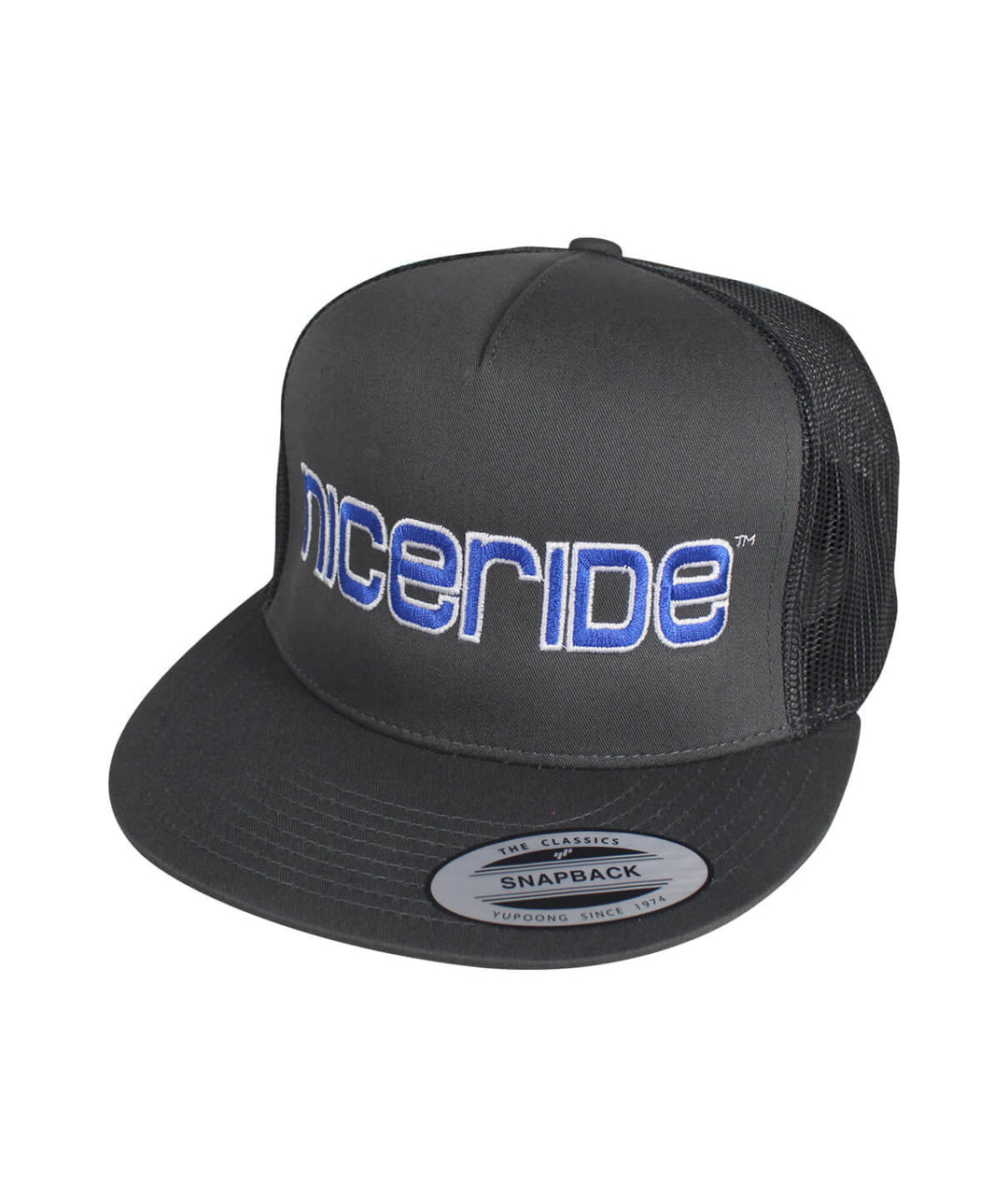 Bold Tower charcoal trucker hat by NICERIDE with snapback design and embroidered logo.