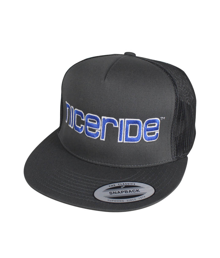 Bold Tower charcoal trucker hat by NICERIDE with snapback design and embroidered logo.