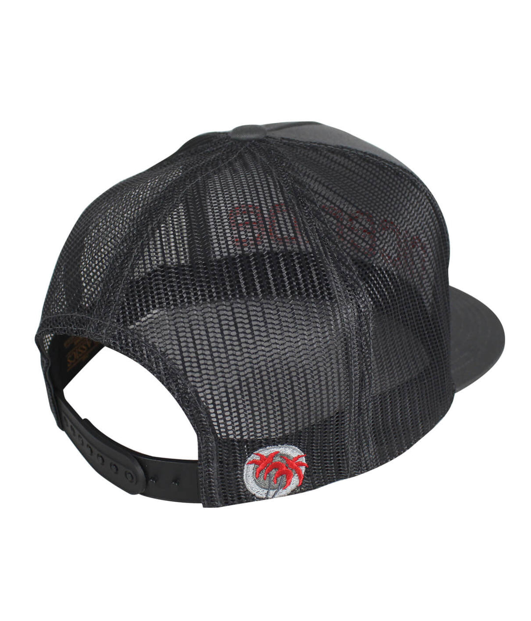 Back view of the Bold Tower Charcoal Trucker Hat showing mesh design and palm logo on the back, perfect hat for casual wear.