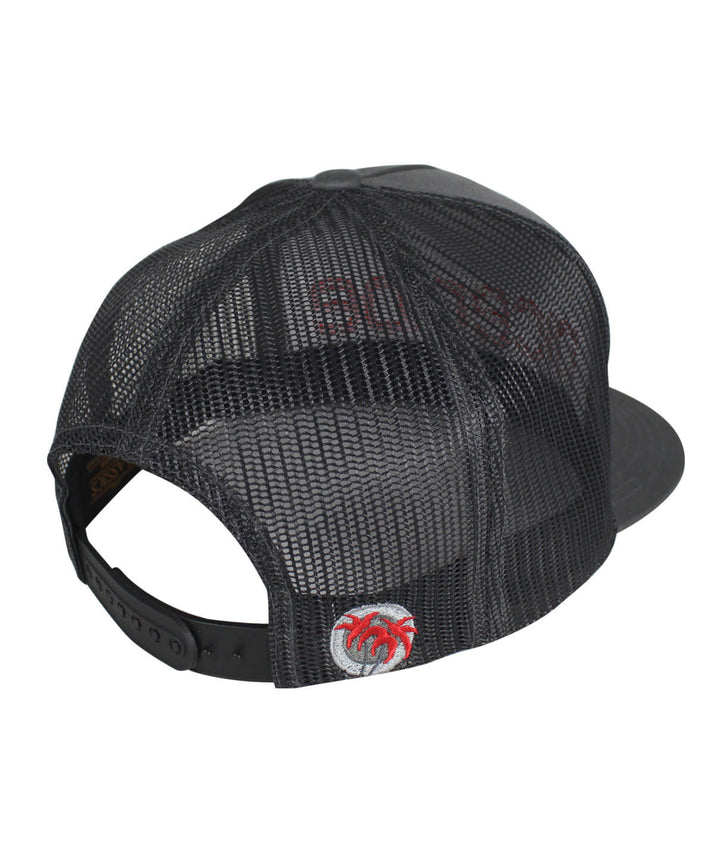 Back view of the Bold Tower Charcoal Trucker Hat showing mesh design and palm logo on the back, perfect hat for casual wear.