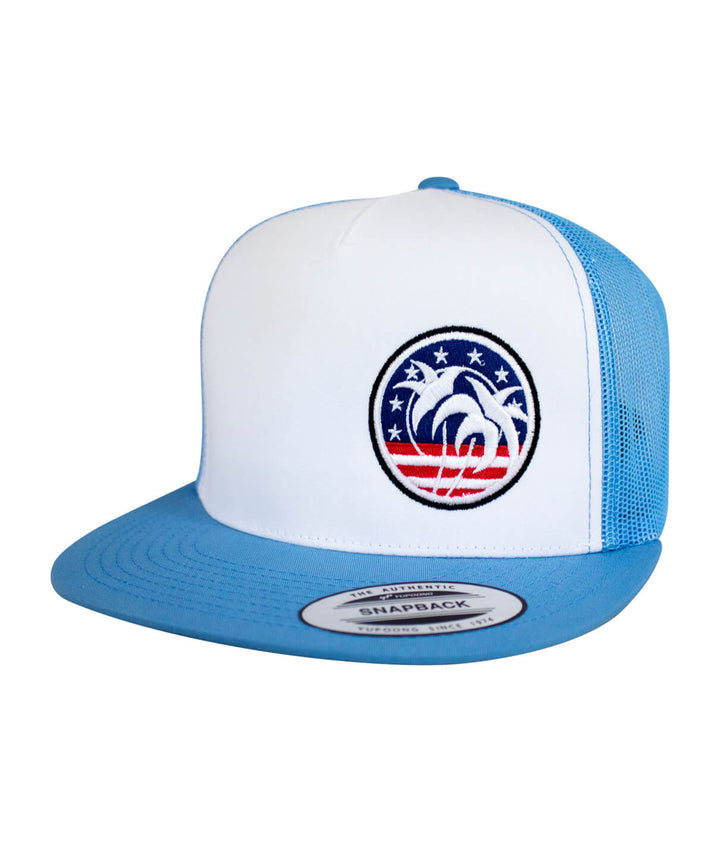 Spirit of 76-LP Trucker Hat, a stylish hat with embroidered design and blue mesh backing.