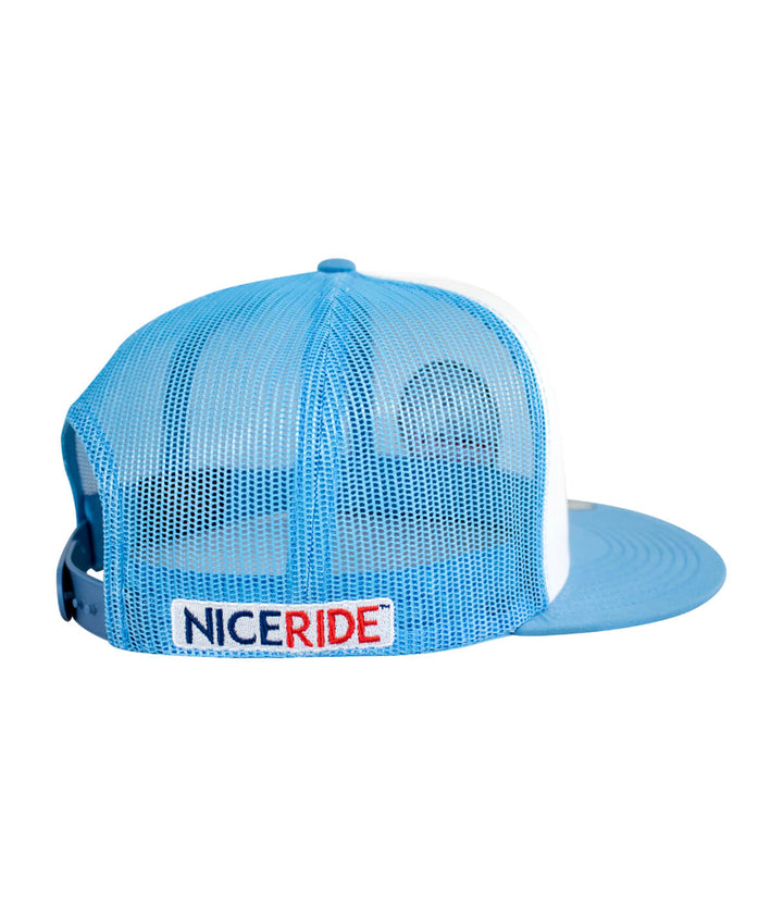 Back view of NICERIDE Spirit of 76-LP Trucker Hat showcasing mesh and blue design, perfect hat for outdoor activities.
