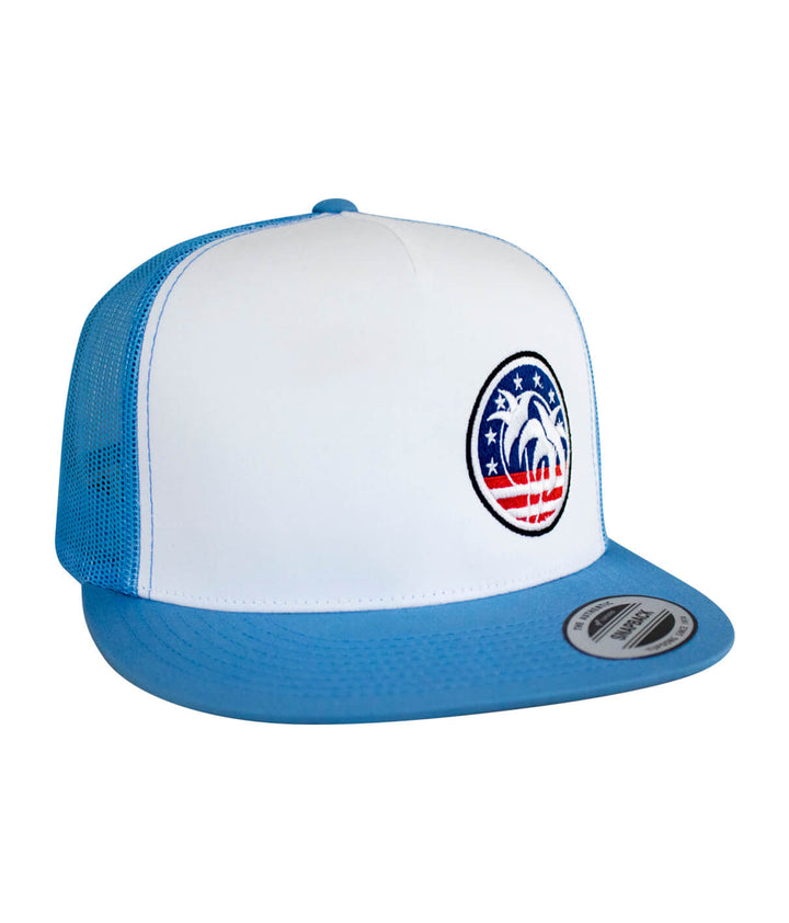 Spirit of 76-LP Trucker Hat featuring palm tree design and blue mesh, a stylish hat for casual wear.