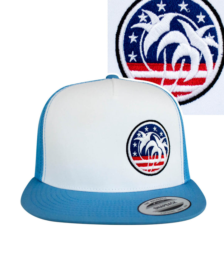 Spirit of 76-LP Trucker Hat featuring an embroidered palm tree design and blue accents on a snapback cap.