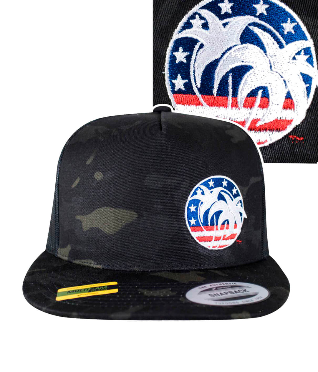 Black multicamo hat featuring Spirit of 76 design embroidered, perfect for casual wear.