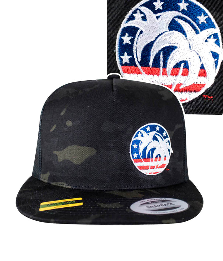 Black multicamo hat featuring Spirit of 76 design embroidered, perfect for casual wear.