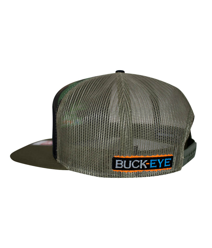 Back view of the NICERIDE Buck-Eye Faded Glory 7-Panel Trucker Hat showcasing mesh design and logo.