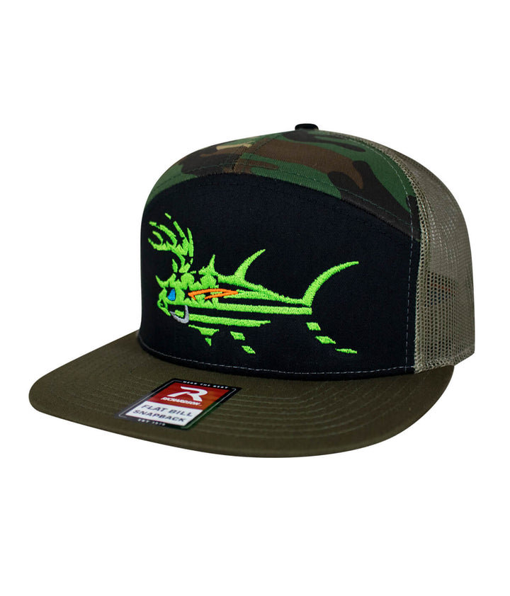 NICERIDE Buck-Eye Faded Glory 7-Panel Trucker Hat with bright fish embroidery and camouflage design.