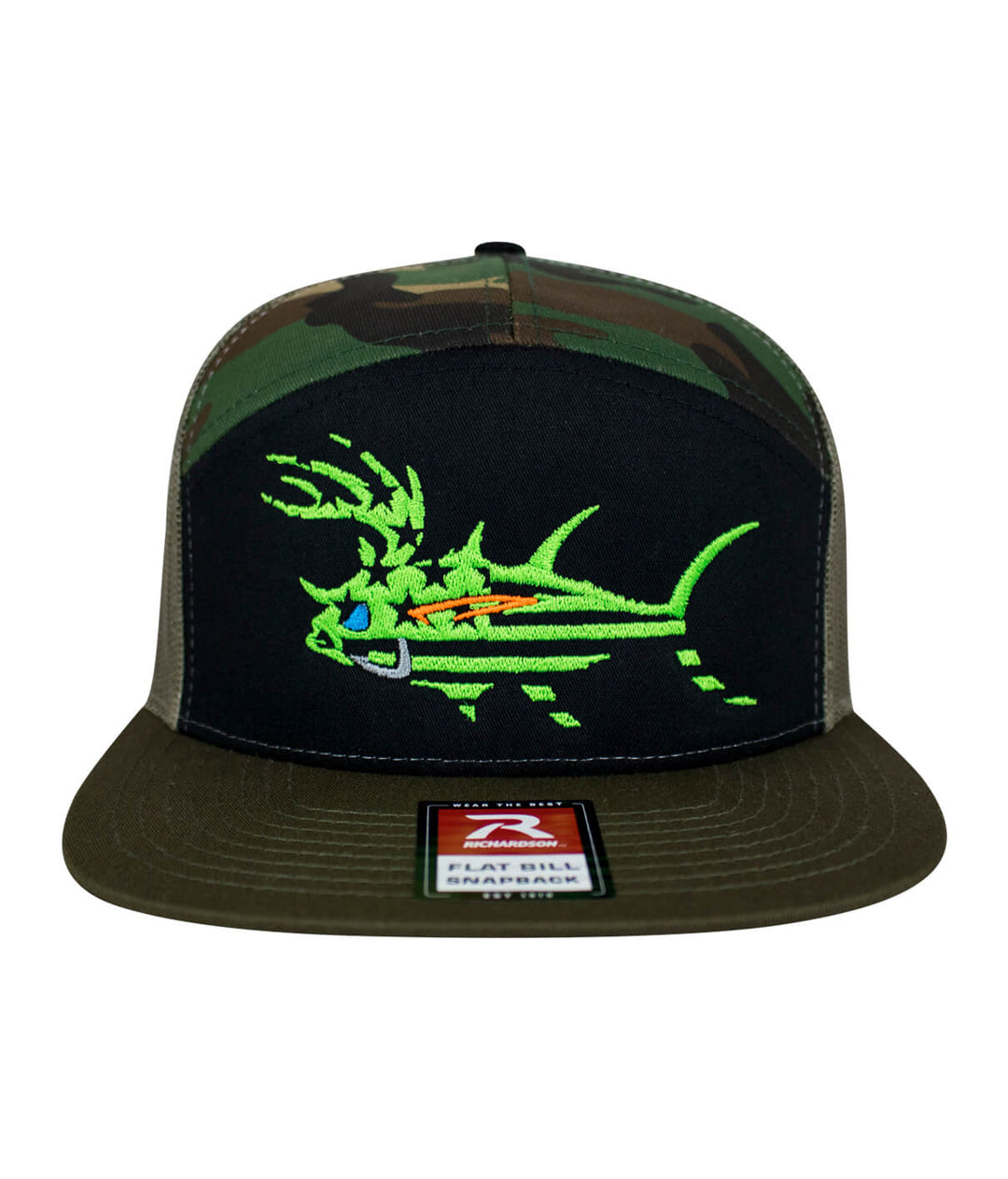 Camo trucker hat featuring vibrant fish logo, perfect for fishing enthusiasts and outdoor activities.