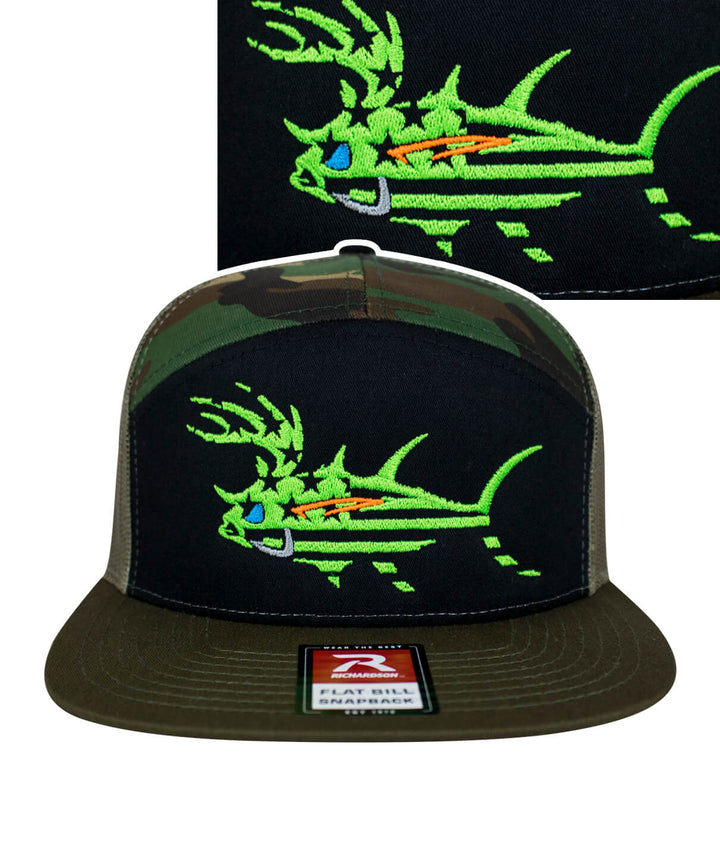 A black and camouflage cap with a glow in the dark fish embroidered on it.