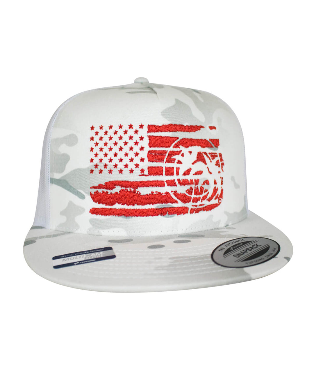 Hat featuring a camo design with an embroidered American flag and logo in red on the front.