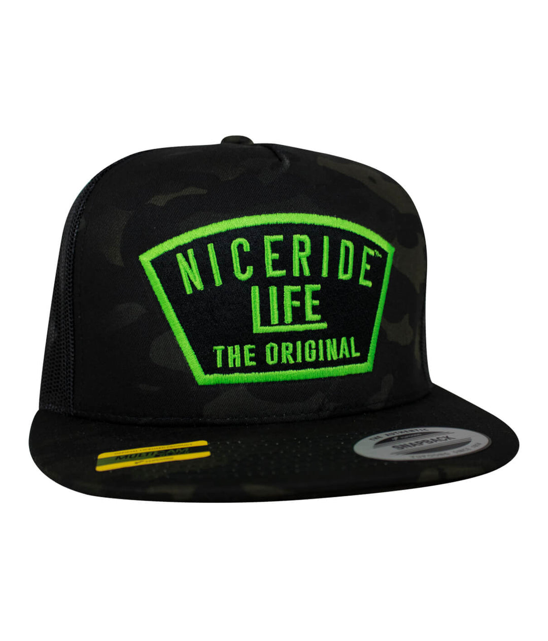 Grinder hat featuring NICERIDE Life logo in green on a black camouflage snapback trucker design.
