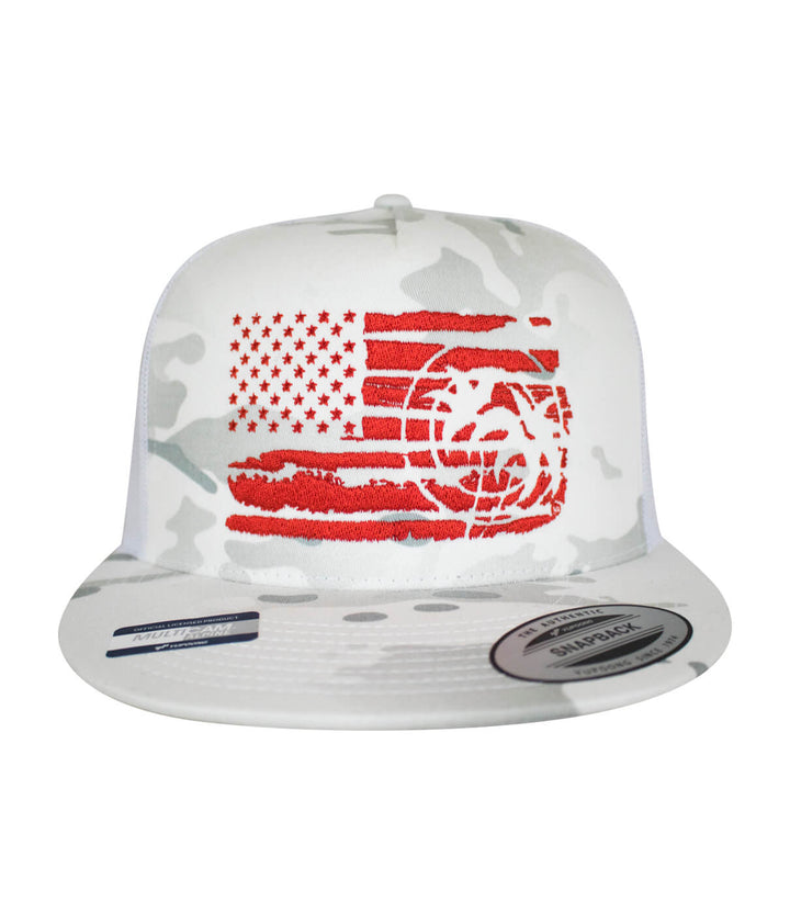 Strong Faded Trucker Hat featuring a red embroidered American flag design on a camo-patterned cap.