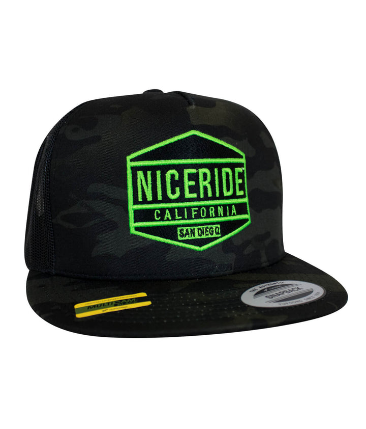 NICERIDE California camo trucker hat with neon green logo, stylish cap for outdoor adventures.