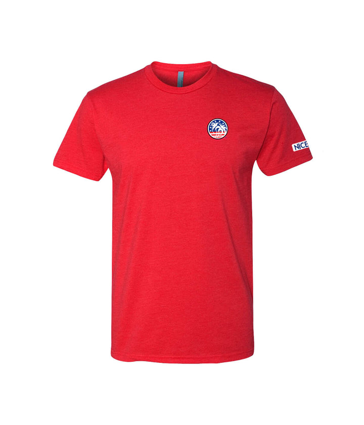 Spirit of 76 t-shirt in red with embroidered logo on chest and Niceride branding on sleeve.