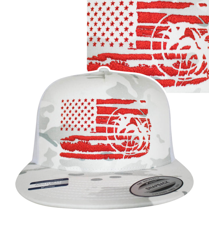 Strong Faded Trucker Hat featuring embroidered American flag design in red on a white camouflage background.