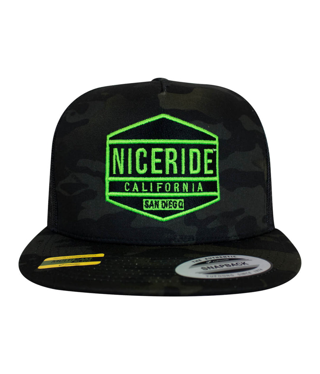 Good Times - Neon trucker hat with NICERIDE design in neon orange and green, classic snapback style.