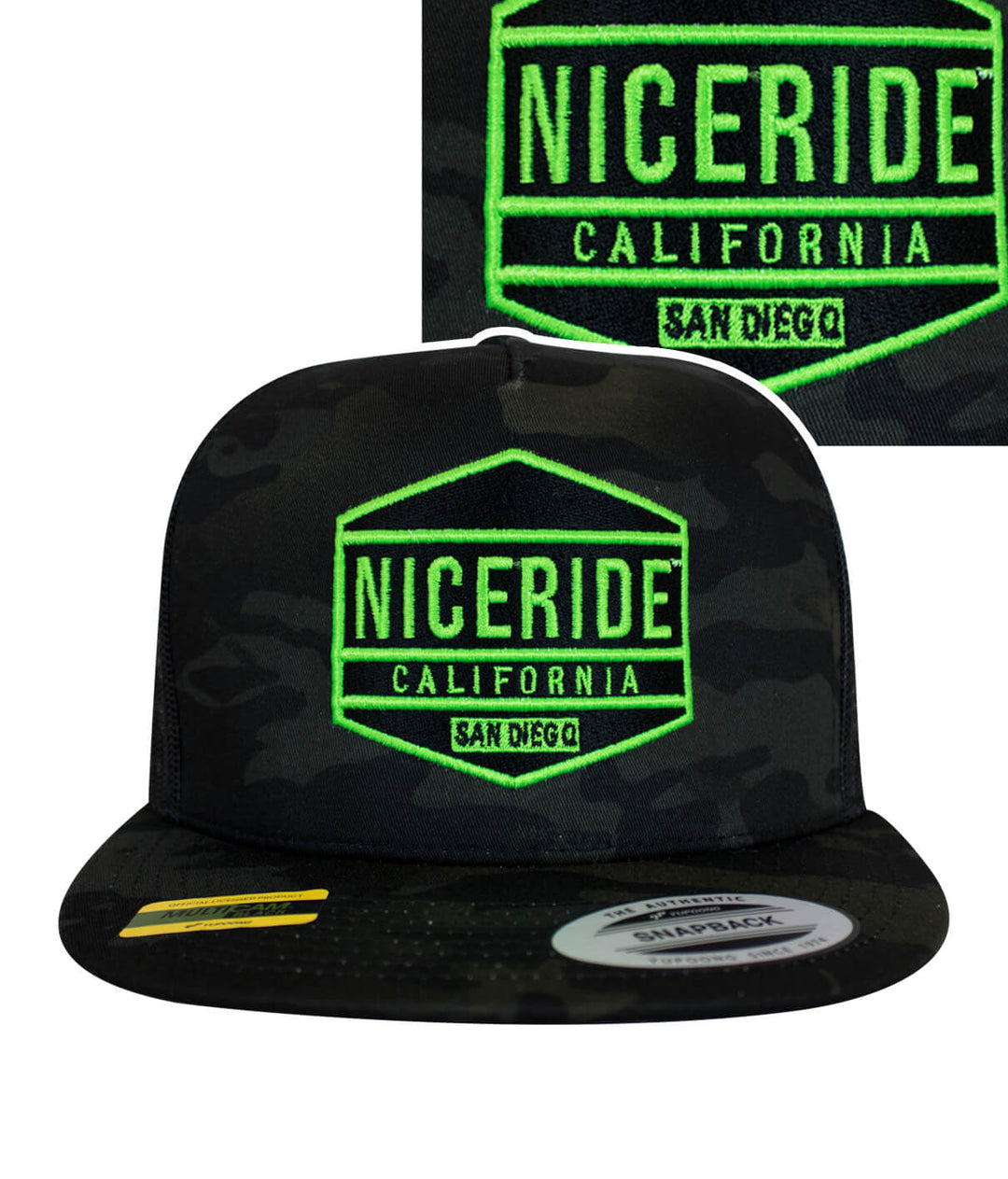 Black camo trucker hat with neon green NICERIDE California embroidery, perfect fashionable hat for outdoor activities.