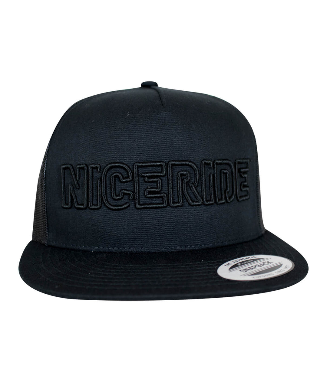 NICERIDE "Maze" black snapback trucker hat featuring bold logo design for stylish everyday wear.