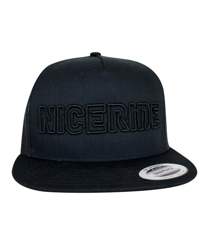 NICERIDE "Maze" black snapback trucker hat featuring bold logo design for stylish everyday wear.