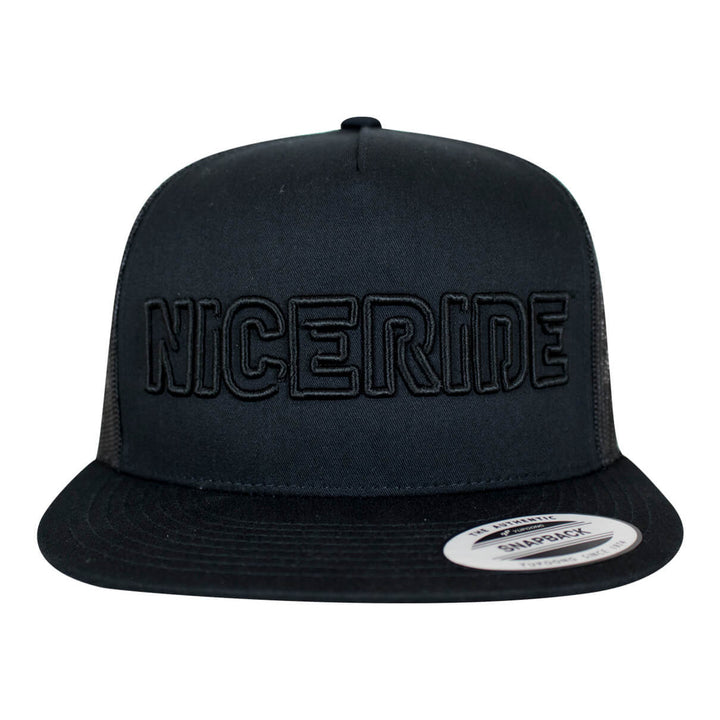 NICERIDE "Maze" black snapback trucker hat with bold embroidered logo, stylish and unisex for everyday wear.