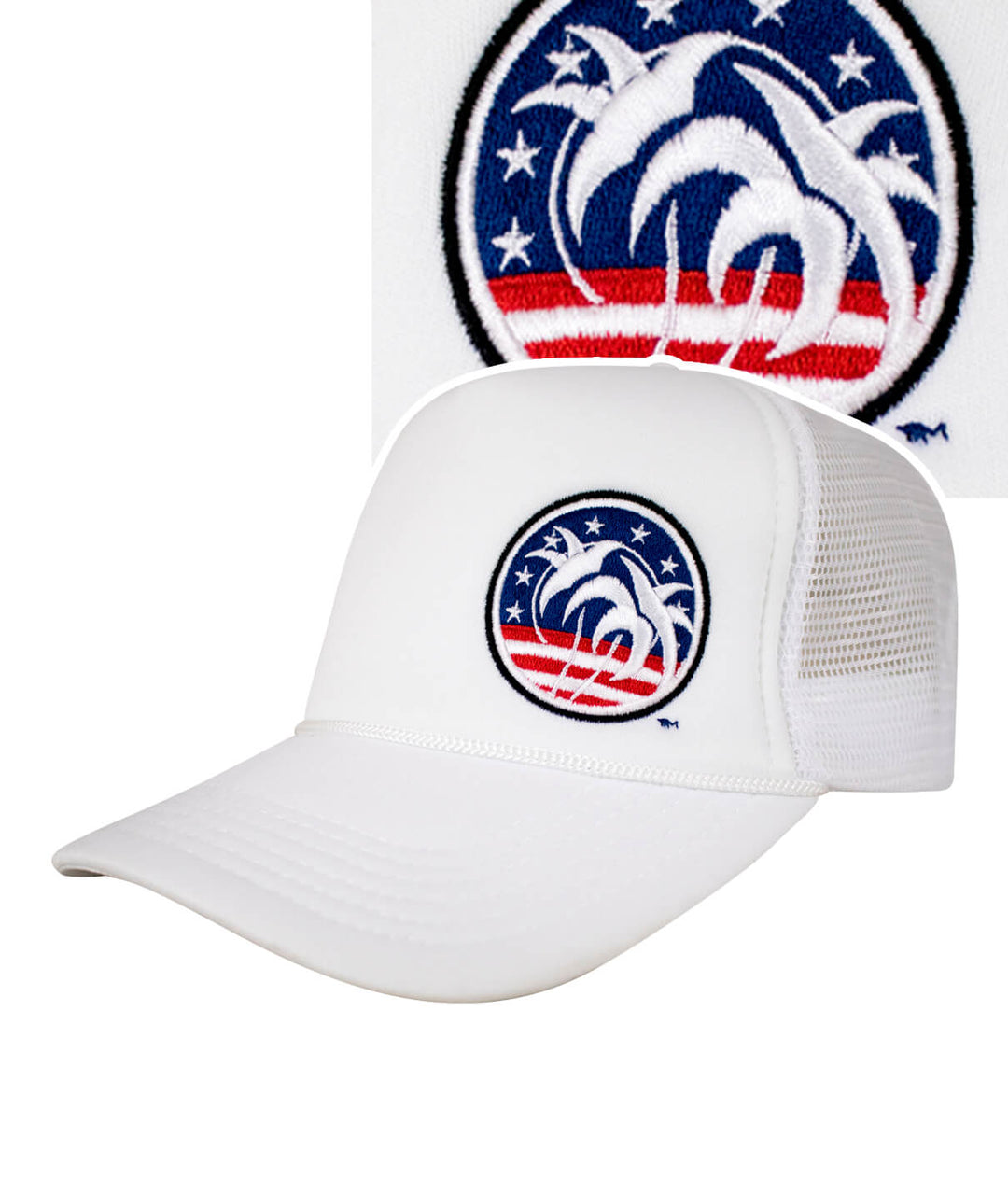Spirit of 76 LP Foam Trucker Baseball Hat featuring embroidered palm trees and stars on a white cap design.