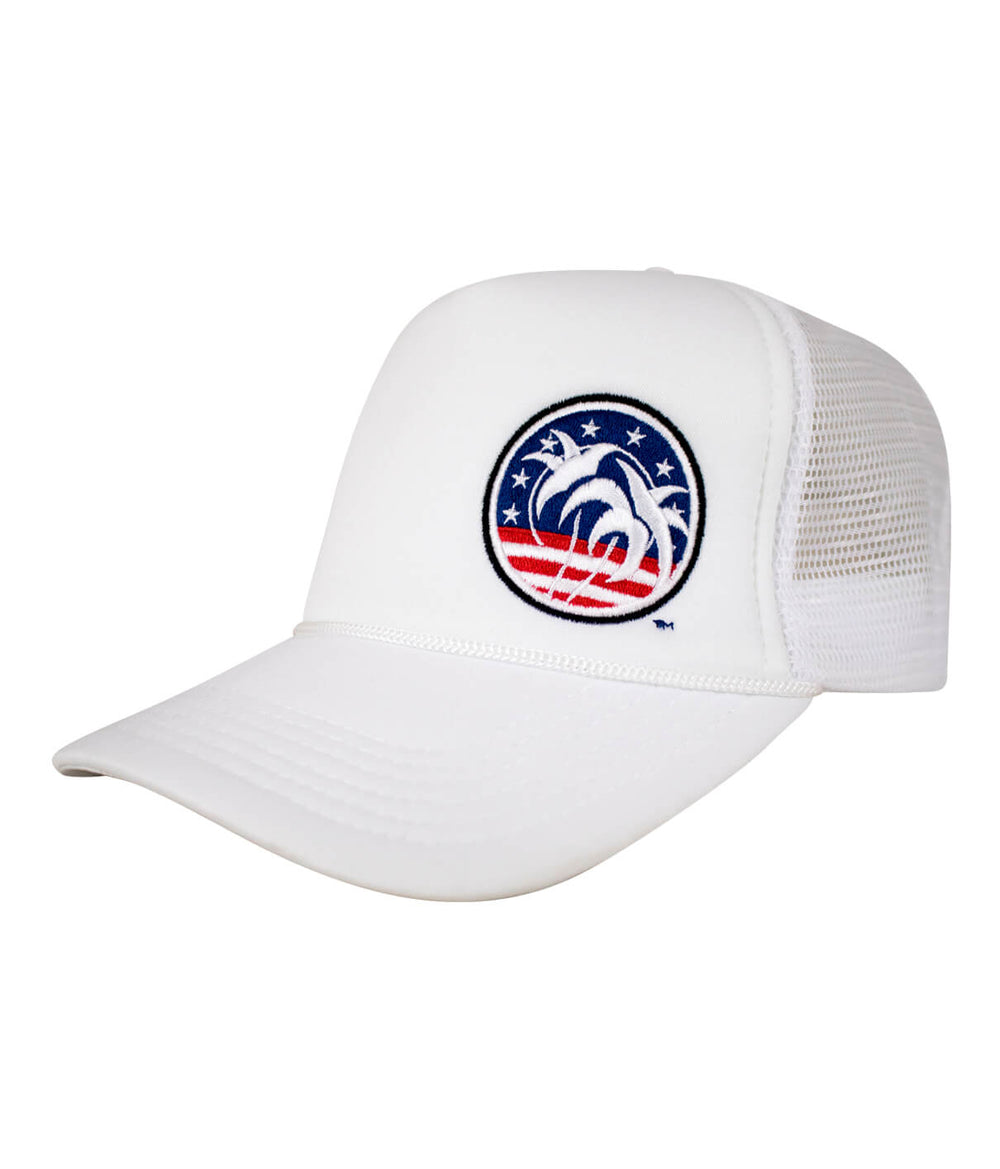 Spirit of 76 LP Foam Trucker Baseball Hat with palm tree logo and mesh back design.