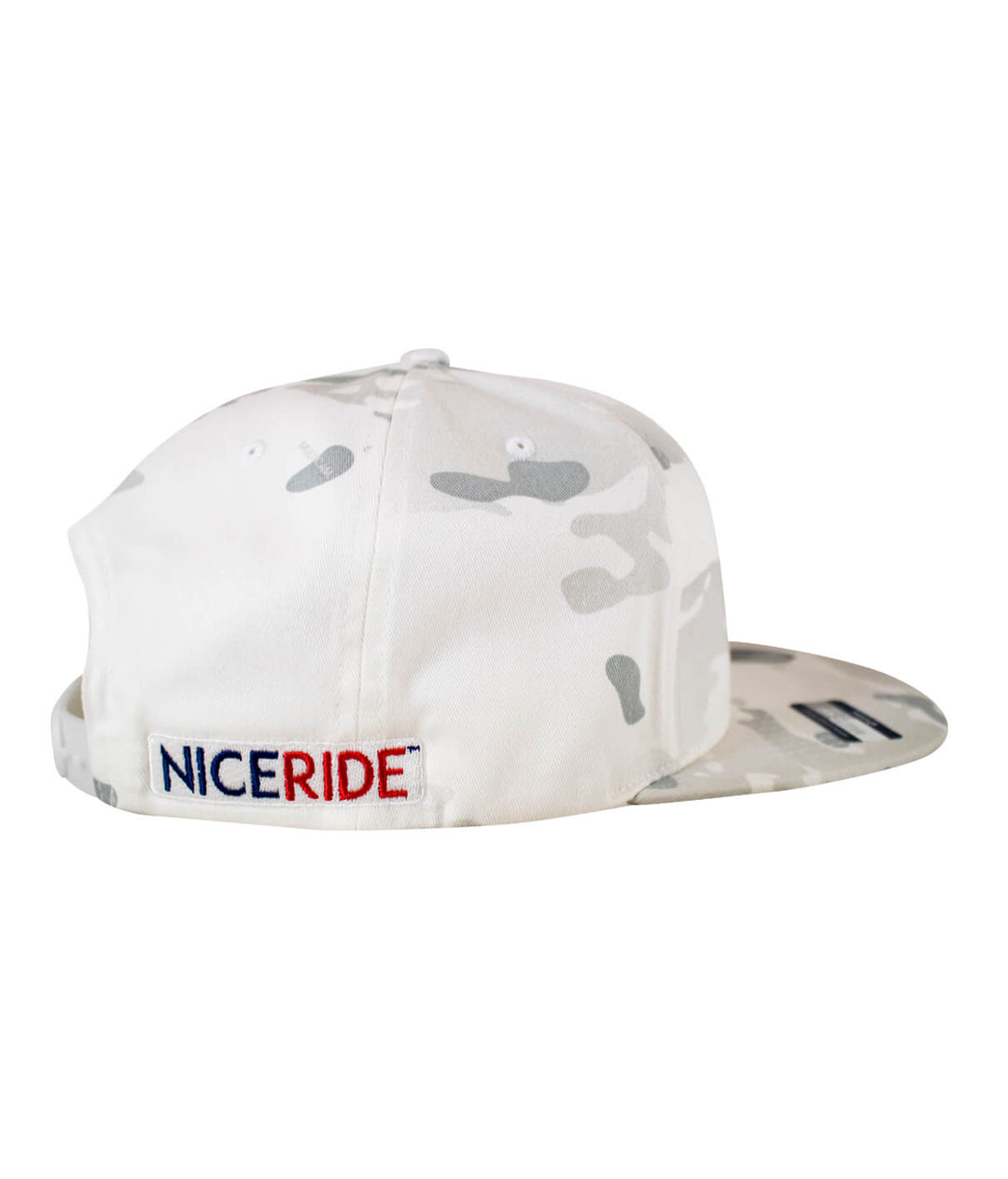 Back view of NICERIDE Spirit of 76 flatbill snapback hat showcasing camo design and embroidered logo.