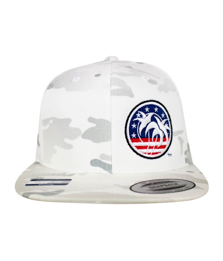 White camo snapback hat with embroidered patriotic design featuring palm trees and stars.