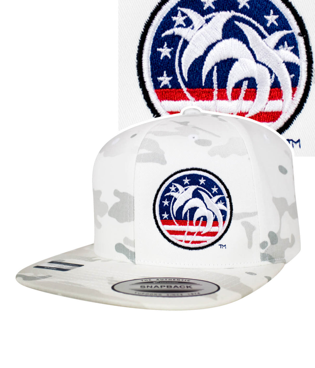 Spirit of 76 flatbill snapback hat with embroidered logo and camo design.