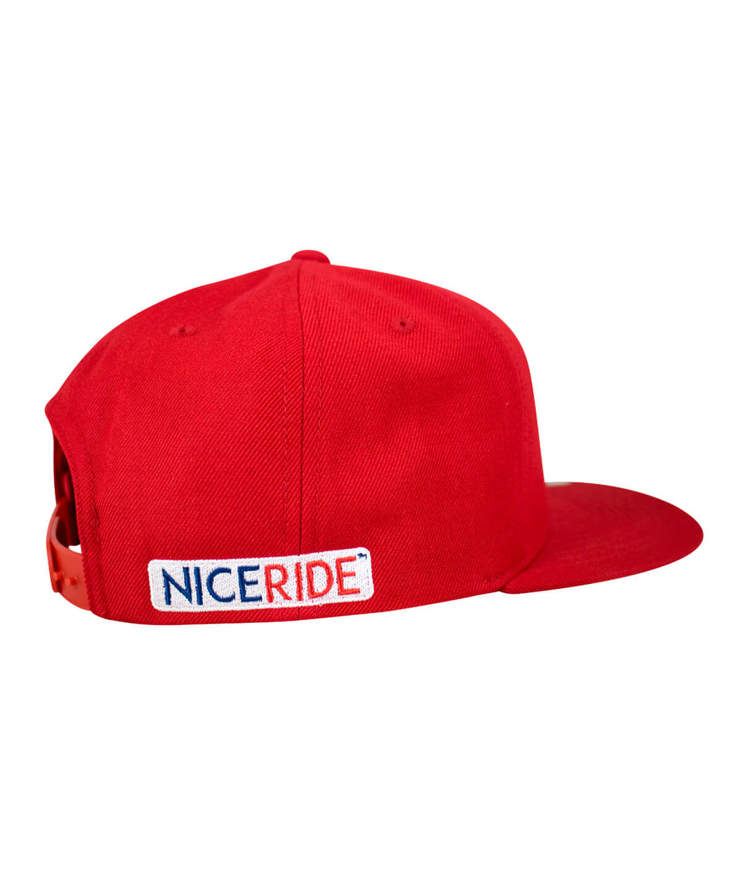 Back view of NICERIDE Spirit of 76 flatbill snapback hat in red with embroidered logo.
