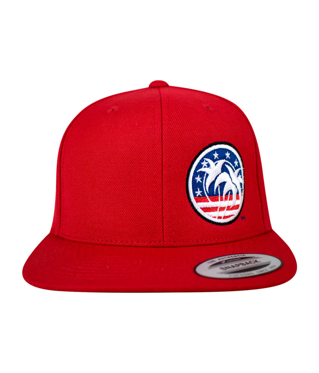 Red flatbill snapback hat featuring the Spirit of 76 design with palm trees and stars.