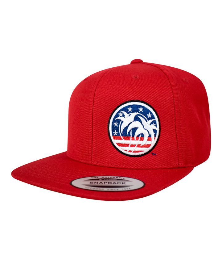 Red flatbill snapback hat featuring &