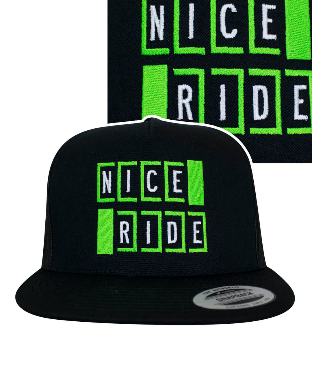 Code trucker hat featuring NICERIDE's embroidered logo in green and black.