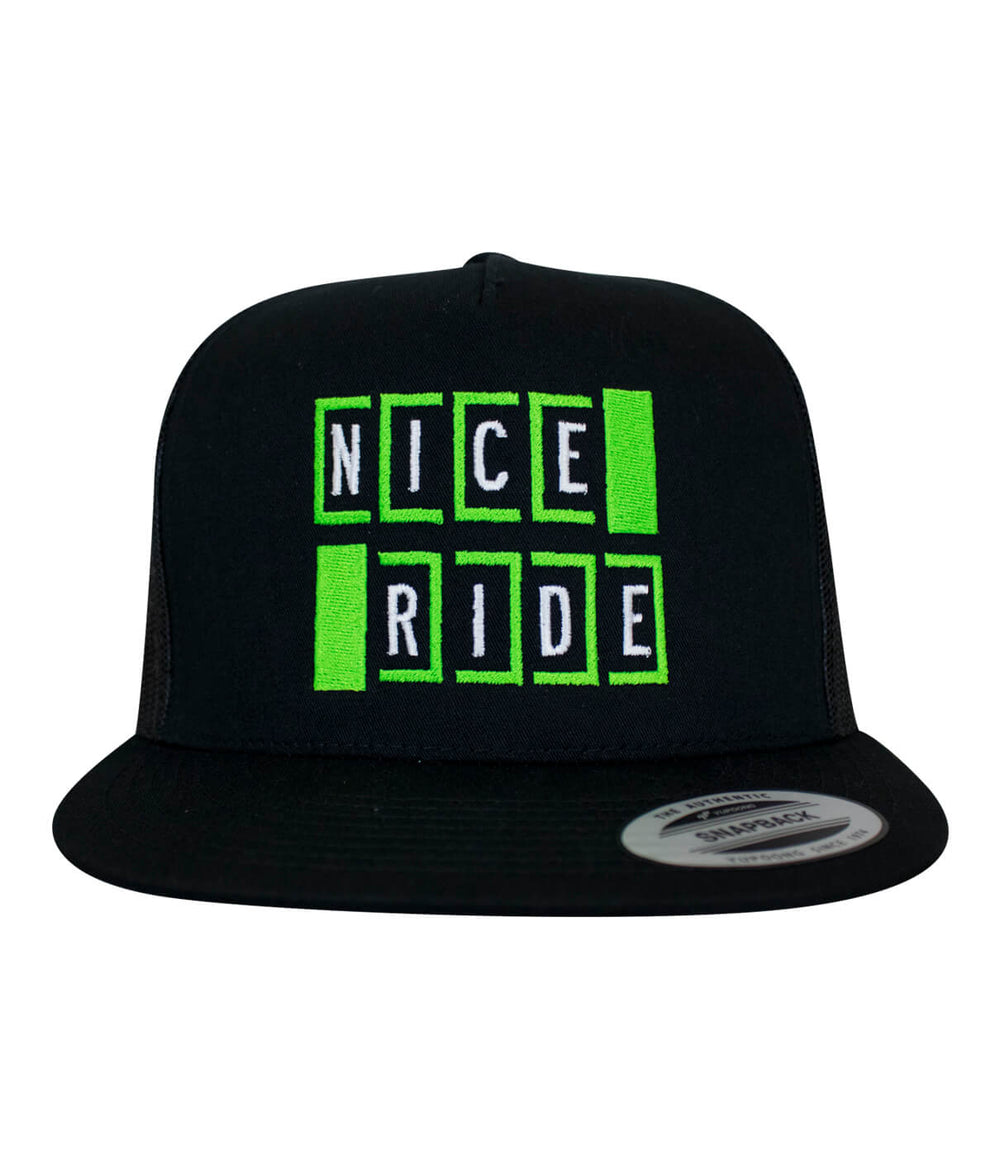 Black Code trucker hat with NICERIDE embroidered logo in bright green on the front panel.