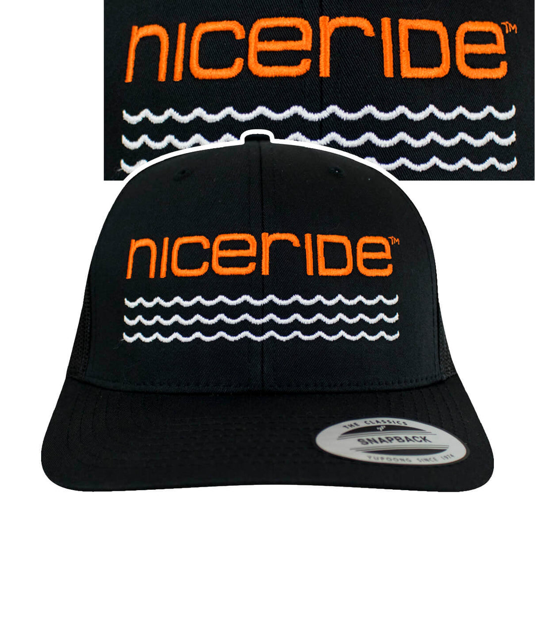 On The Water - Center Retro Trucker Baseball Cap featuring NICERIDE design, perfect summer hat for outdoor activities.