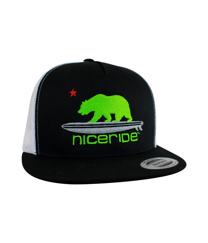 Hang 20 trucker hat with bear and palm logo, designed and embroidered by NICERIDE.