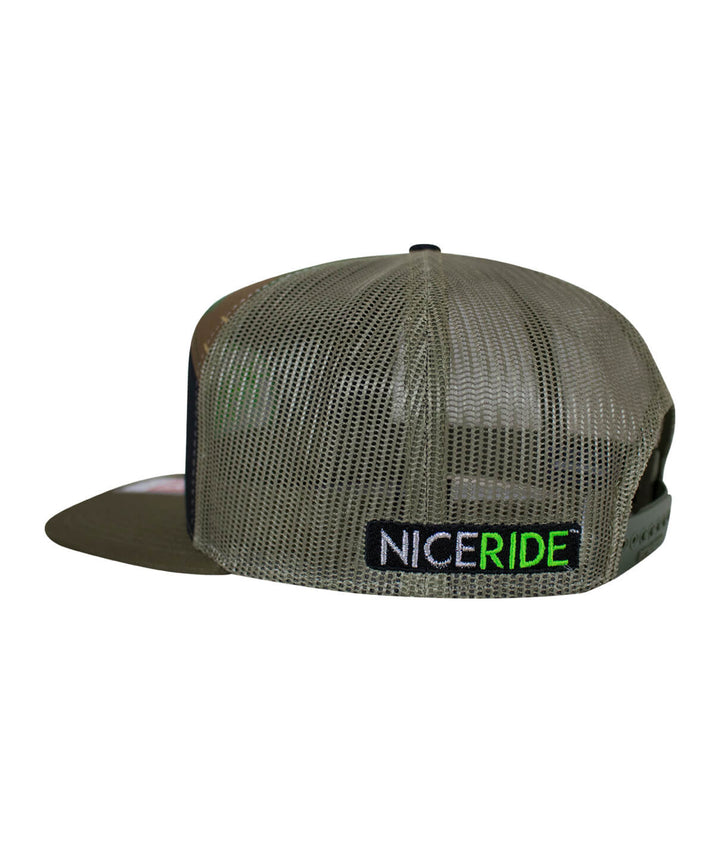 Back view of NICERIDE Verde Palm trucker hat featuring mesh design and embroidered logo.