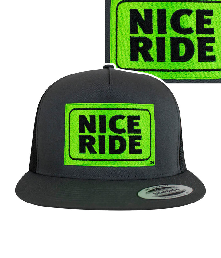 6006 Classic Snapback Trucker Hat featuring NICERIDE logo in vibrant green on the front panel, stylish hat design.