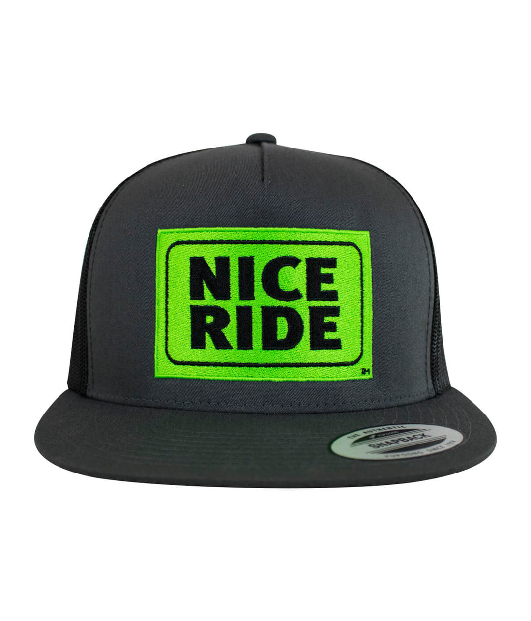 NICERIDE "Shield" Trucker Hat, classic snapback hat with bright green embroidered design.
