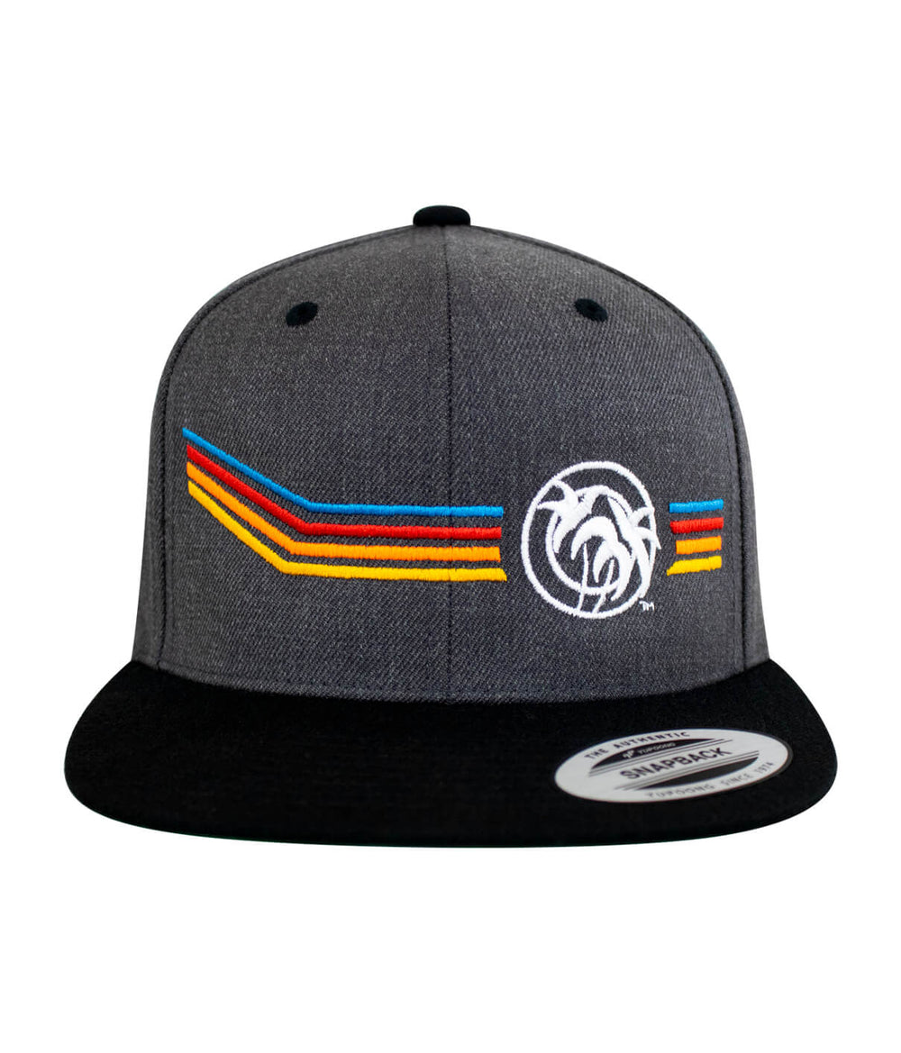 Aquarius unisex adjustable snapback hat in gray with bold embroidery and colorful stripes