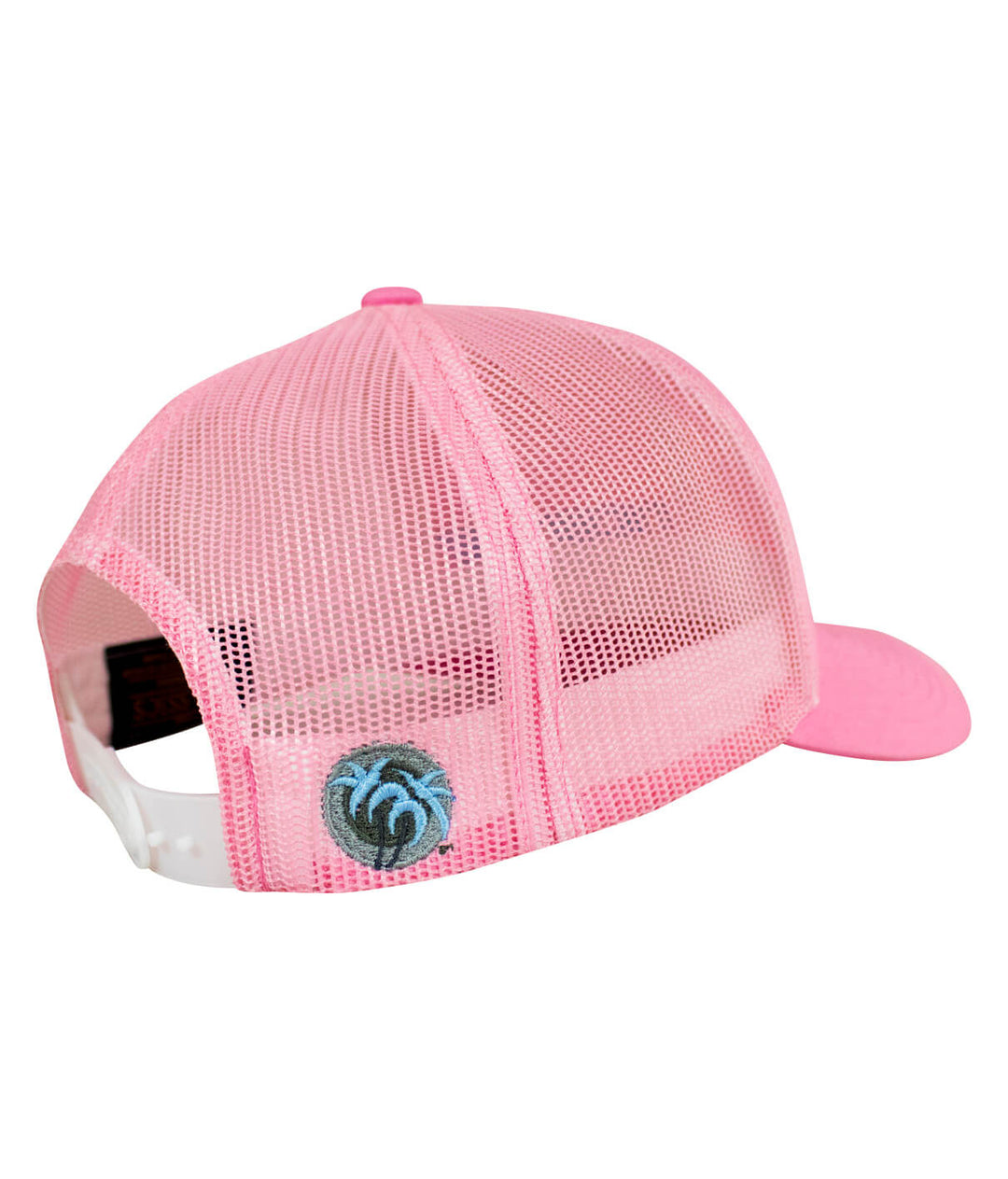 On The Water retro trucker hat in pink color with mesh back and embroidered design.
