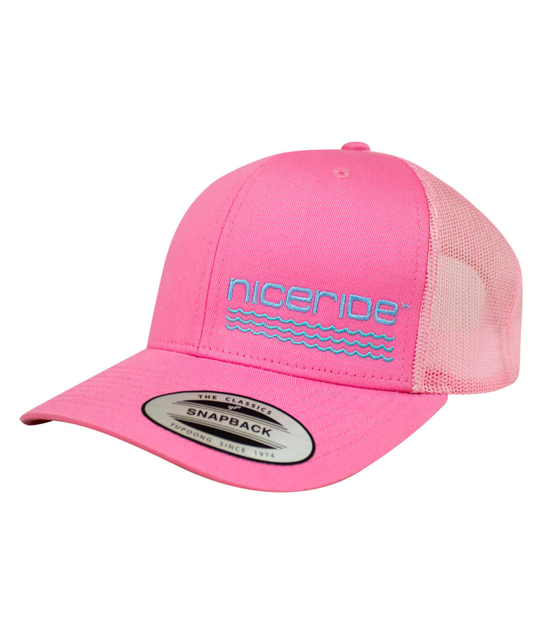 On The Water Retro Trucker Hat by NICERIDE in pink color with embroidered logo, perfect summer hat.