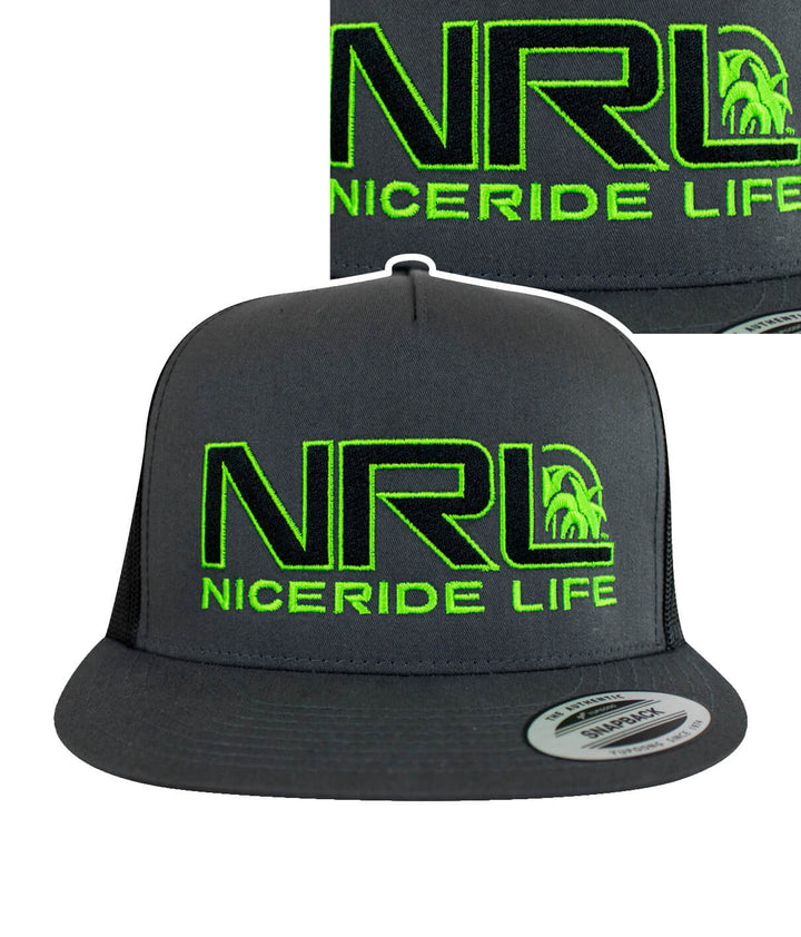 Bulls Eye Trucker Hat featuring NICERIDE Life embroidered logo, stylish snapback hat for casual wear.