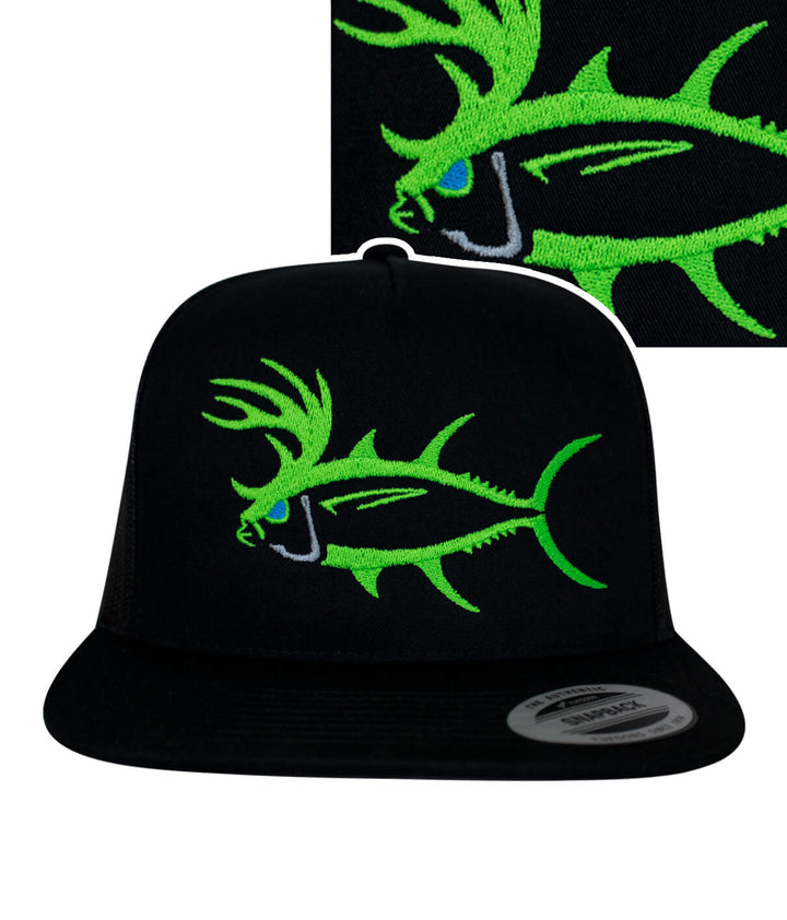 "Buck-Eye" unisex trucker hat featuring a vibrant fish design, perfect fishing hat for men and women.